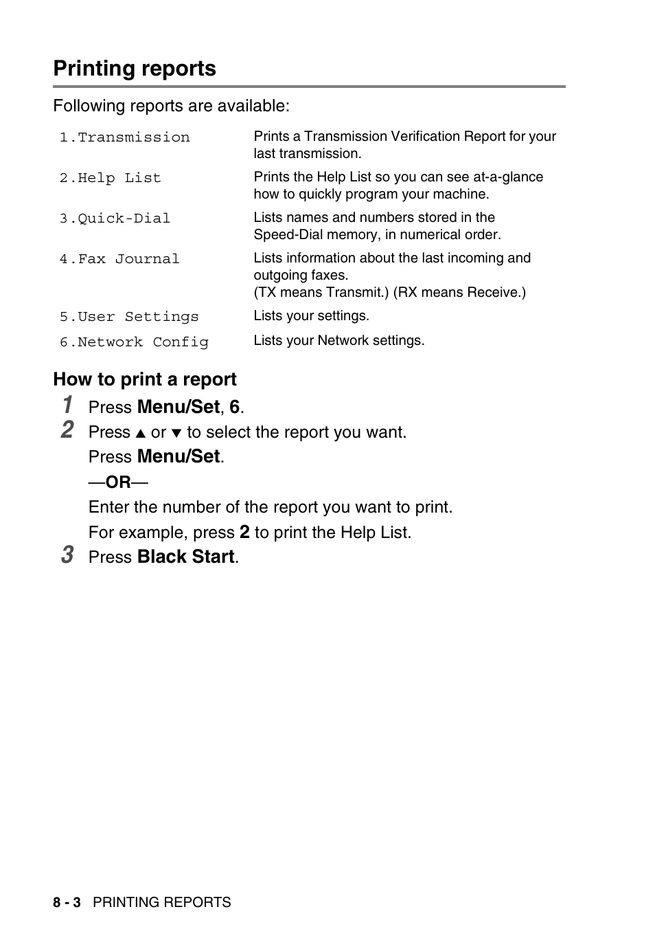 Printing reports, How to print a report, Printing reports -3 | How to print a report -3 | Brother MFC-640CW User Manual | Page 106 / 225