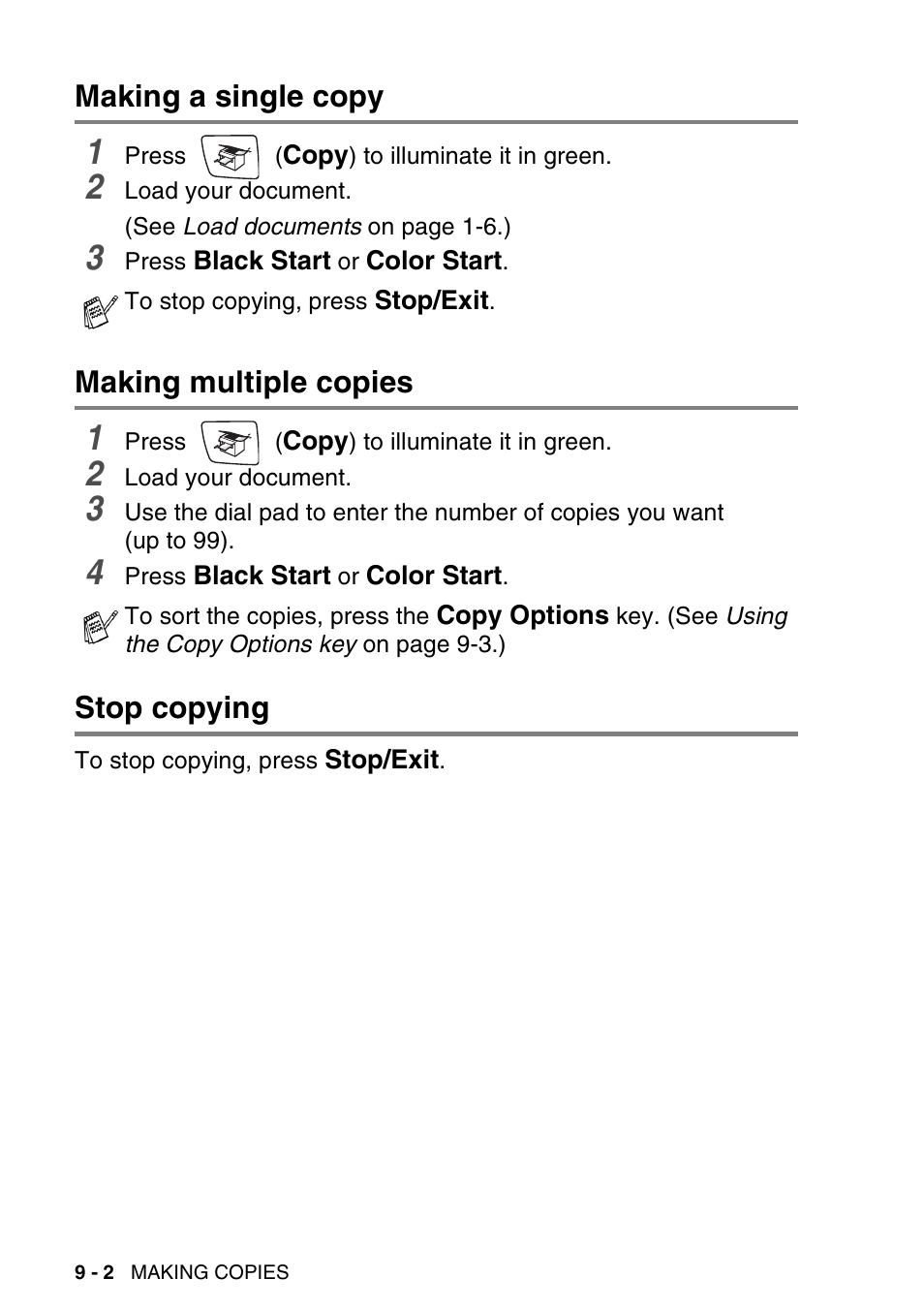 Making a single copy, Making multiple copies, Stop copying | Brother MFC-640CW User Manual | Page 108 / 225