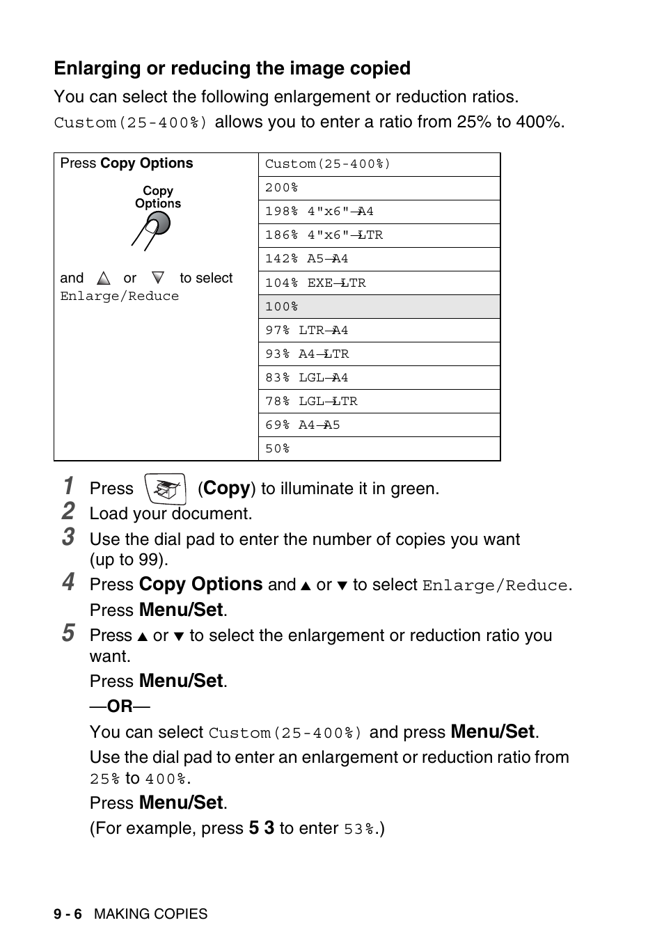 Enlarging or reducing the image copied, Enlarging or reducing the image copied -6, Copy | Copy options, Menu/set | Brother MFC-640CW User Manual | Page 112 / 225