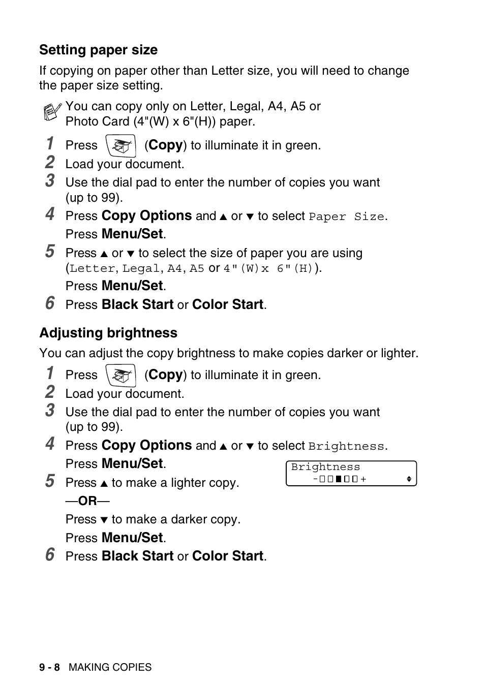 Setting paper size, Adjusting brightness, Setting paper size -8 adjusting brightness -8 | Brother MFC-640CW User Manual | Page 114 / 225