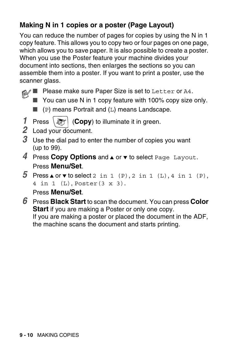 Making n in 1 copies or a poster | Brother MFC-640CW User Manual | Page 116 / 225