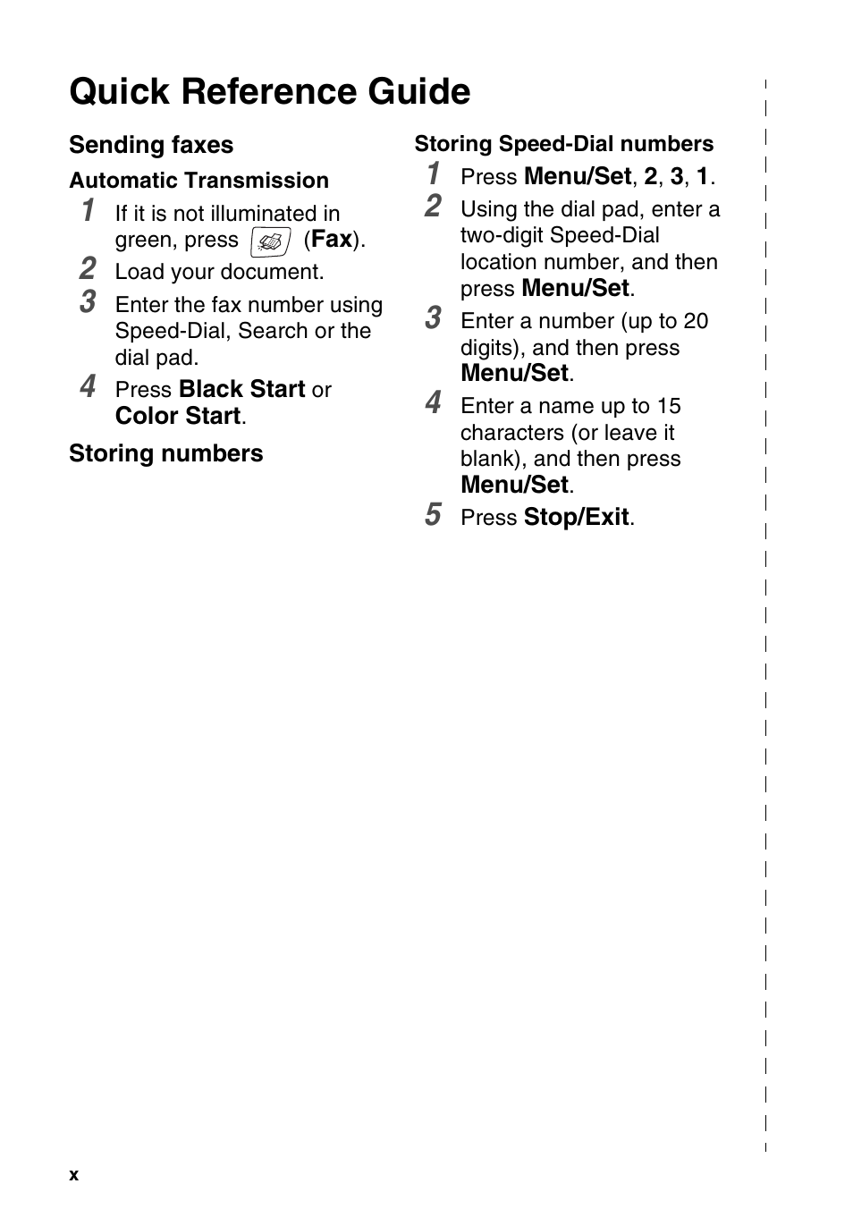 Quick reference guide, Sending faxes, Storing numbers | Brother MFC-640CW User Manual | Page 12 / 225