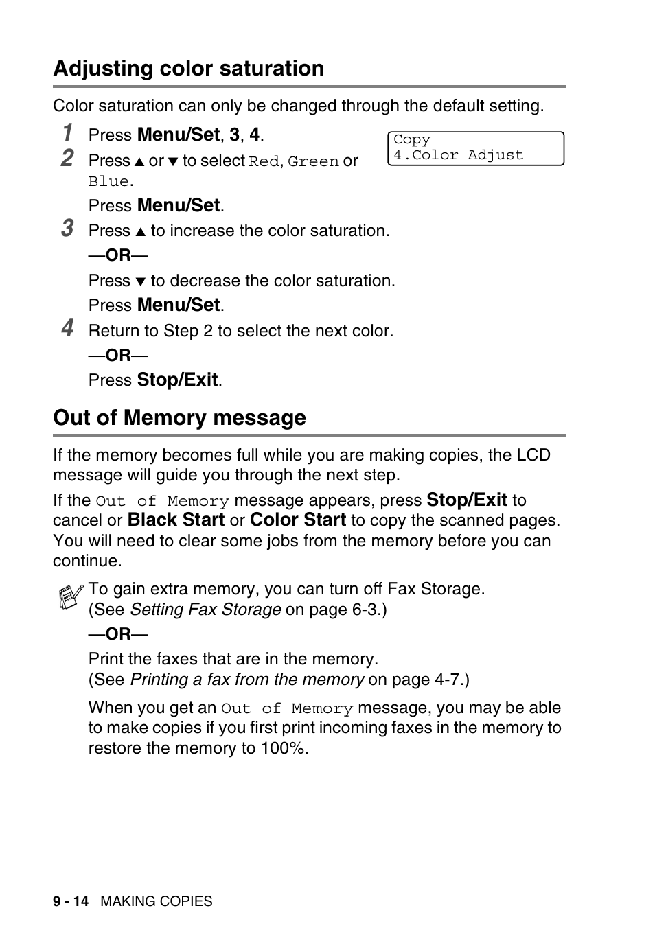 Adjusting color saturation, Out of memory message | Brother MFC-640CW User Manual | Page 120 / 225