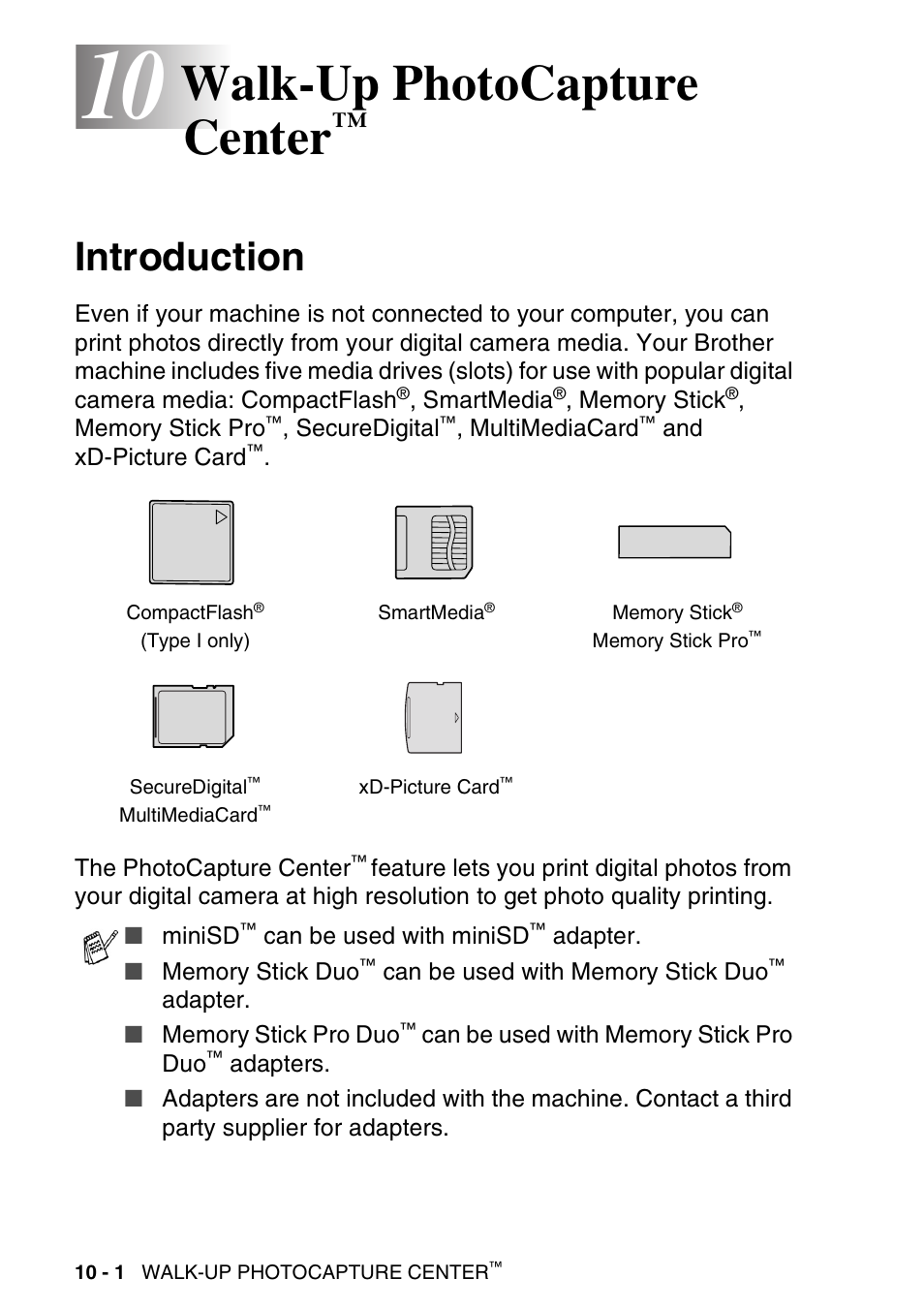 10 walk-up photocapture center, Introduction, Walk-up photocapture center | Introduction -1 | Brother MFC-640CW User Manual | Page 122 / 225