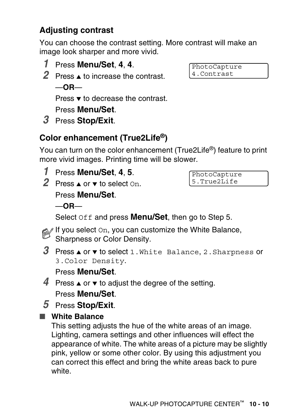 Adjusting contrast, Color enhancement (true2life®) | Brother MFC-640CW User Manual | Page 131 / 225