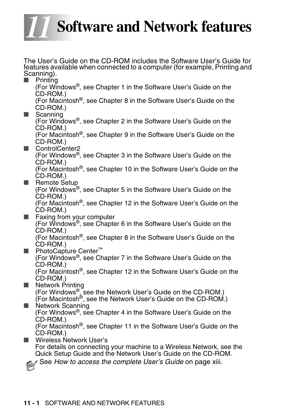 11 software and network features, Software and network features -1, Software and network features | Brother MFC-640CW User Manual | Page 136 / 225