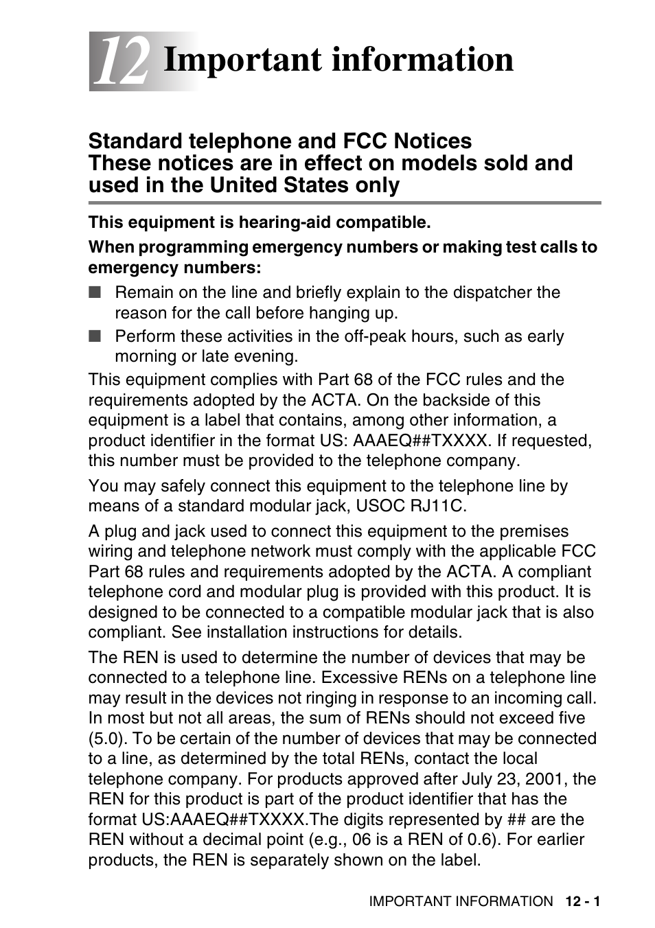 12 important information, Important information -1, Standard telephone and fcc notices | Important information | Brother MFC-640CW User Manual | Page 137 / 225