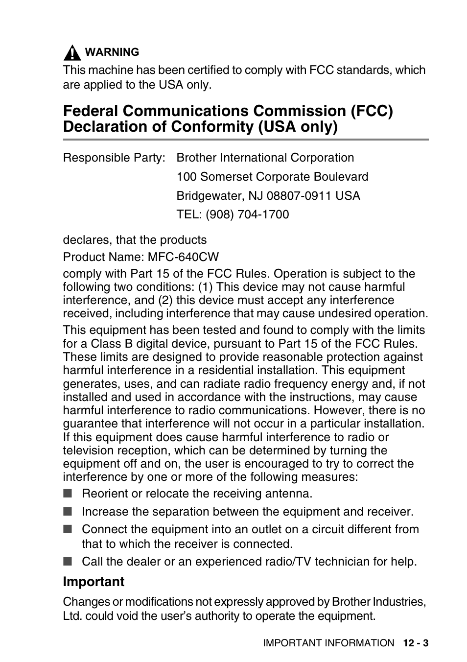 Important, Federal communications commission (fcc) | Brother MFC-640CW User Manual | Page 139 / 225