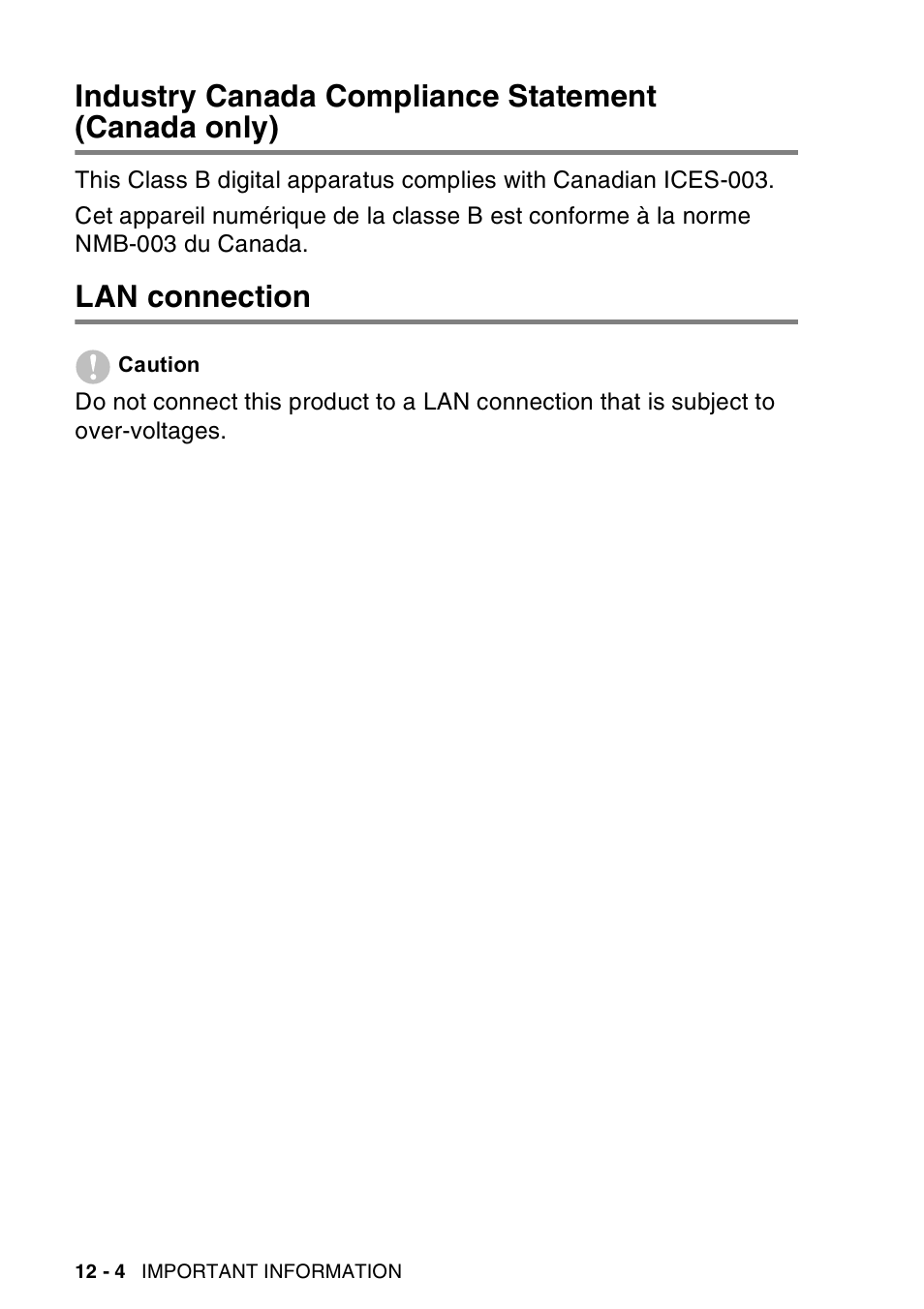 Industry canada compliance statement (canada only), Lan connection, Industry canada compliance statement | Canada only) -4, Lan connection -4 | Brother MFC-640CW User Manual | Page 140 / 225