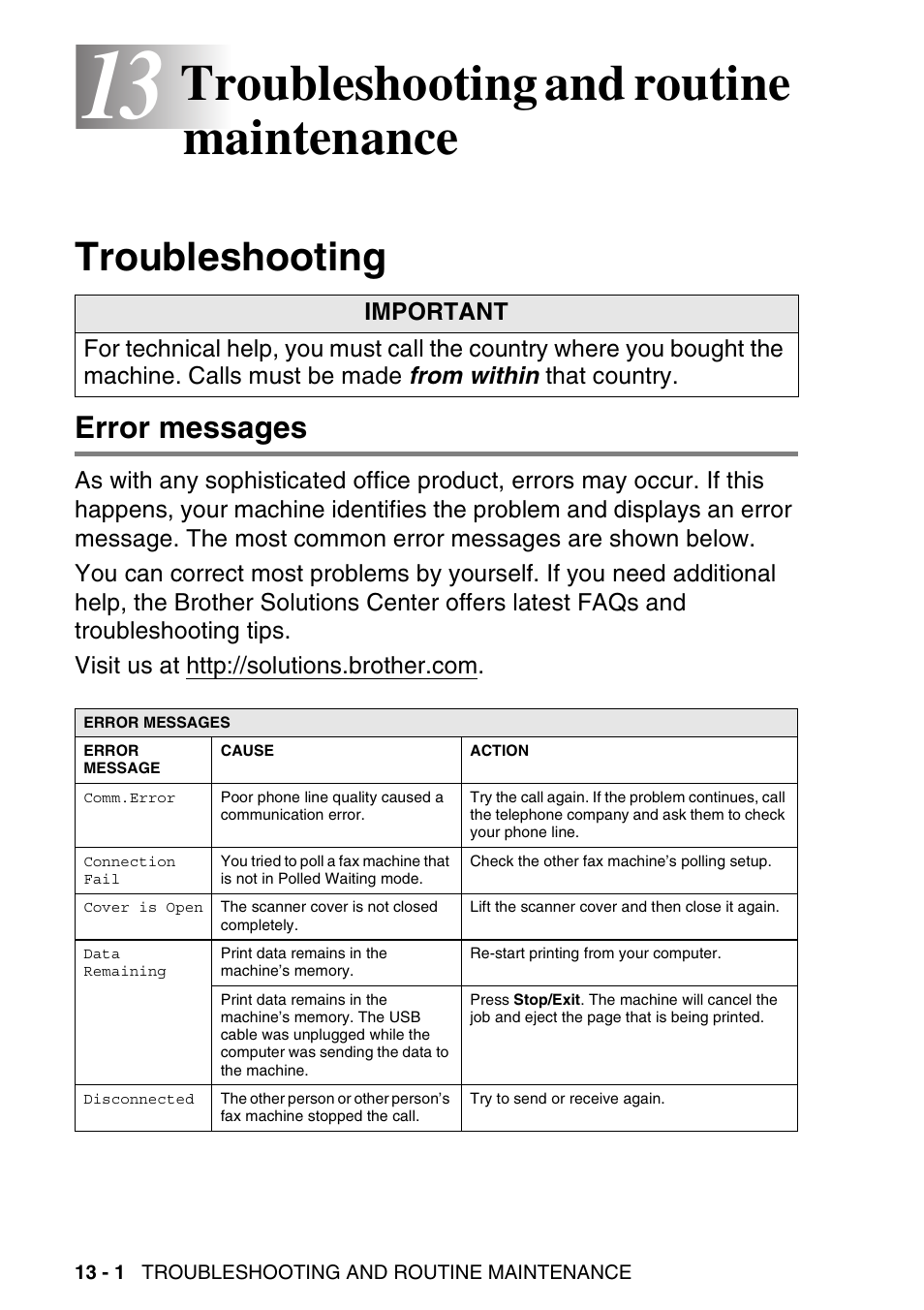 13 troubleshooting and routine maintenance, Troubleshooting, Error messages | Troubleshooting and routine maintenance -1, Troubleshooting -1, Error messages -1, Troubleshooting and routine maintenance | Brother MFC-640CW User Manual | Page 144 / 225