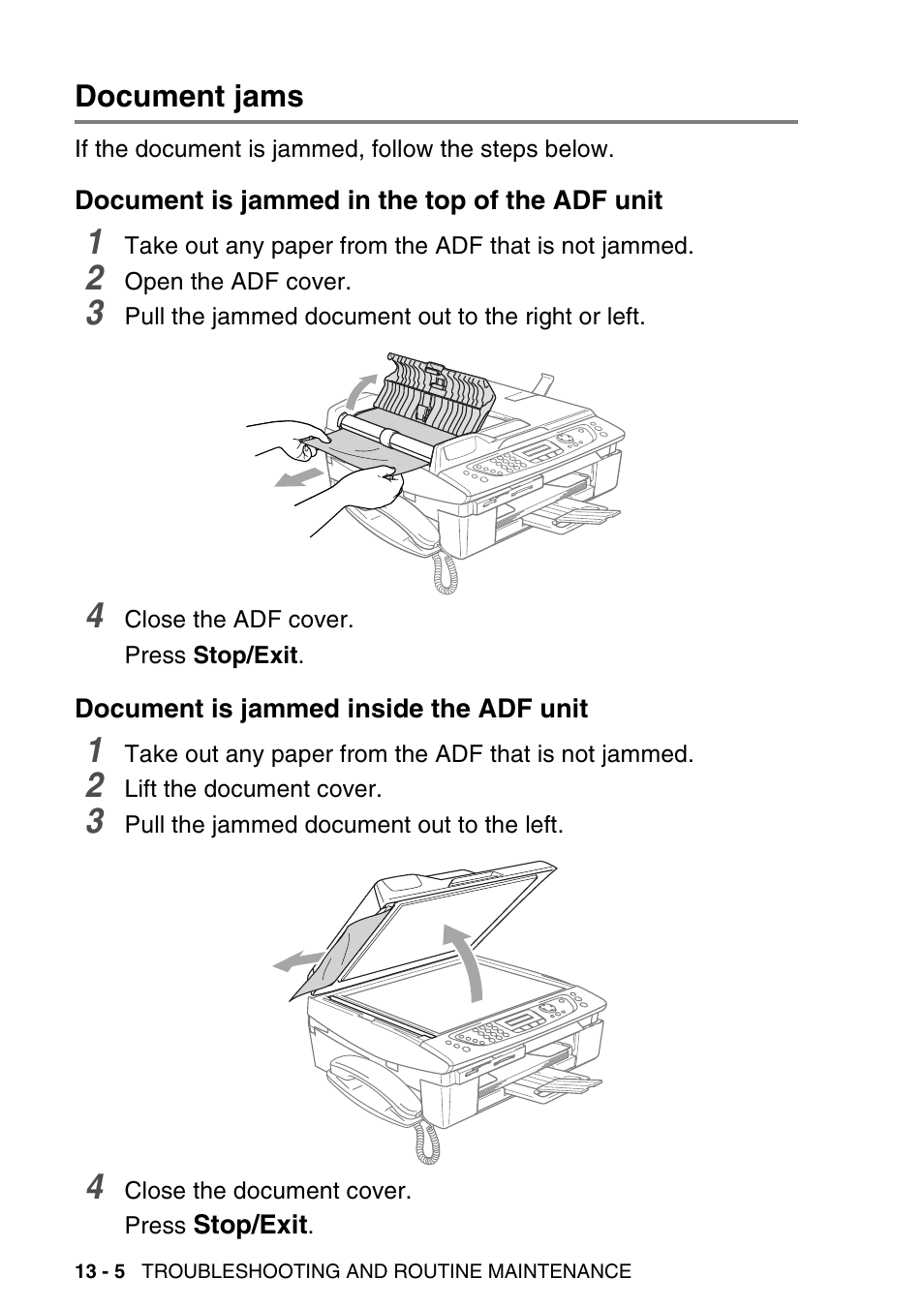 Document jams, Document is jammed in the top of the adf unit, Document is jammed inside the adf unit | Document jams -5 | Brother MFC-640CW User Manual | Page 148 / 225