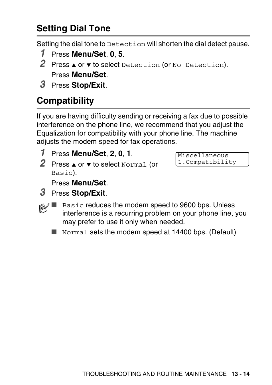 Setting dial tone, Compatibility, Setting dial tone -14 compatibility -14 | Brother MFC-640CW User Manual | Page 157 / 225