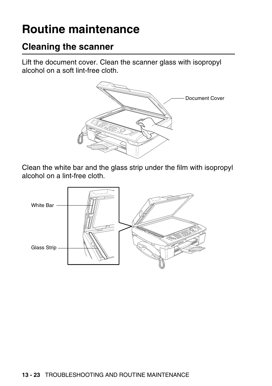 Routine maintenance, Cleaning the scanner, Routine maintenance -23 | Cleaning the scanner -23 | Brother MFC-640CW User Manual | Page 166 / 225