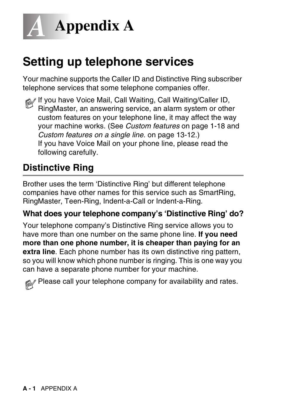 Appendix a, Setting up telephone services, Distinctive ring | What does your telephone company’s | Brother MFC-640CW User Manual | Page 174 / 225