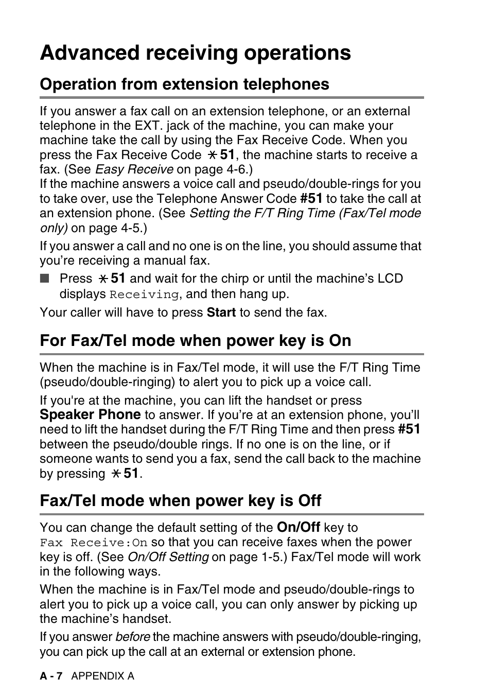Advanced receiving operations, Operation from extension telephones, For fax/tel mode when power key is on | Fax/tel mode when power key is off | Brother MFC-640CW User Manual | Page 180 / 225