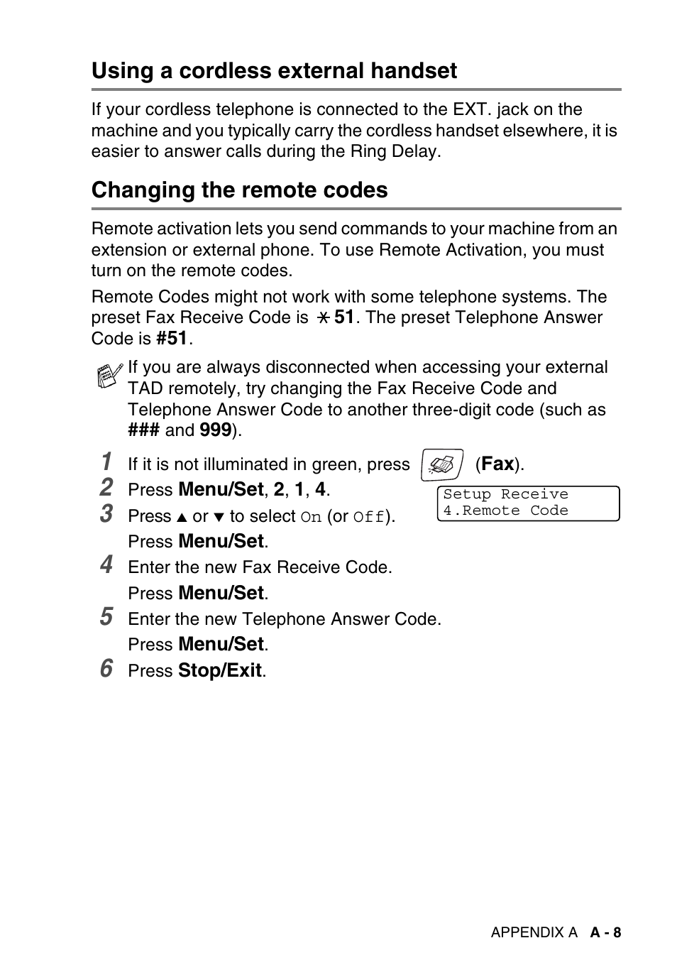 Using a cordless external handset, Changing the remote codes | Brother MFC-640CW User Manual | Page 181 / 225