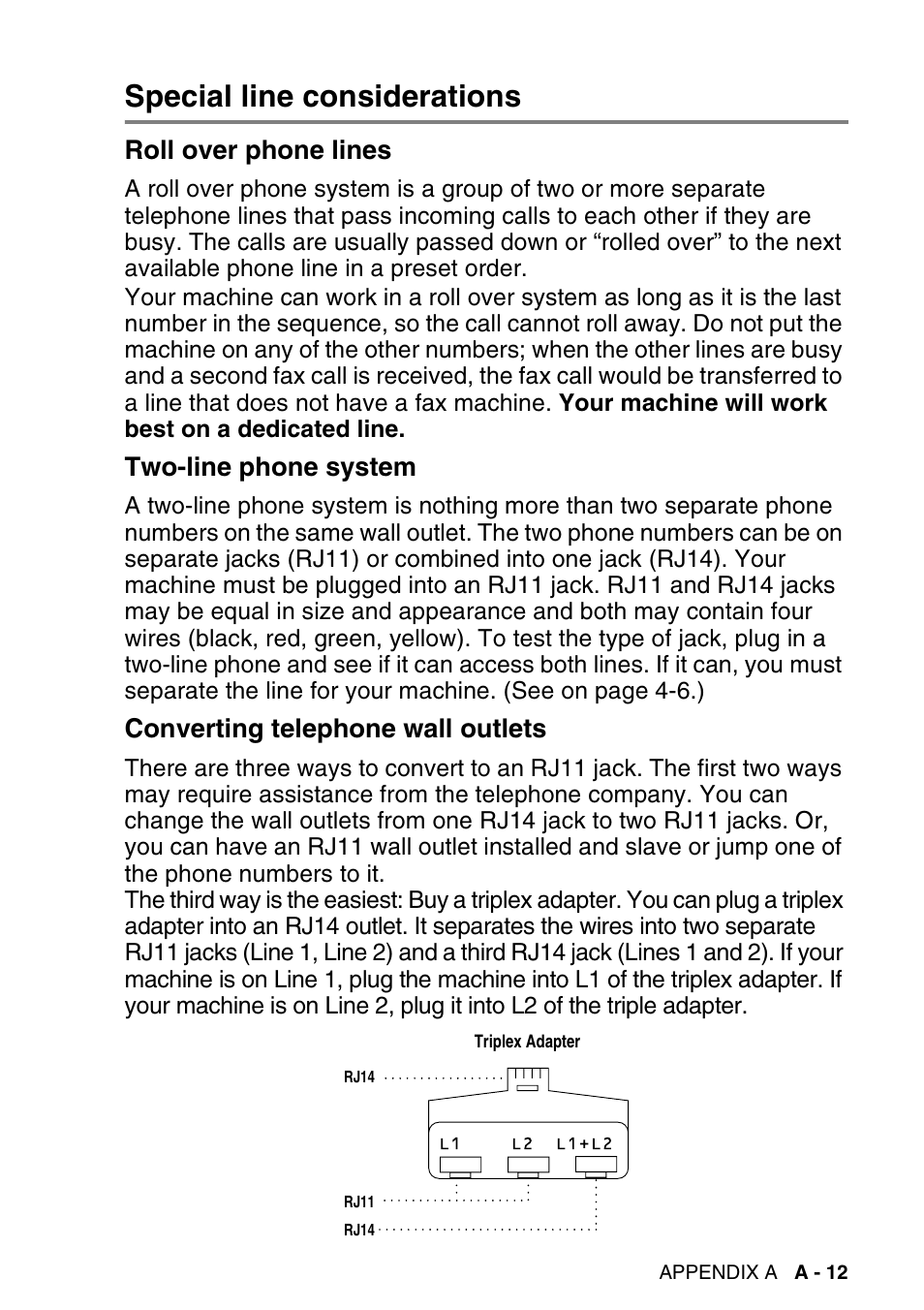 Special line considerations, Roll over phone lines, Two-line phone system | Converting telephone wall outlets | Brother MFC-640CW User Manual | Page 185 / 225