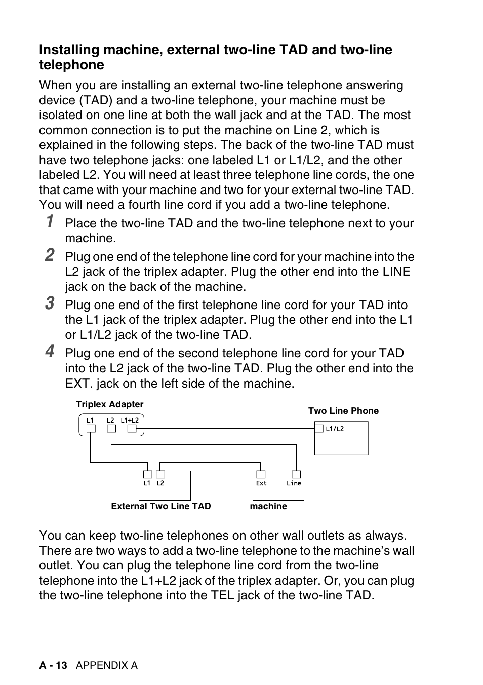 Installing machine, external two-line tad | Brother MFC-640CW User Manual | Page 186 / 225