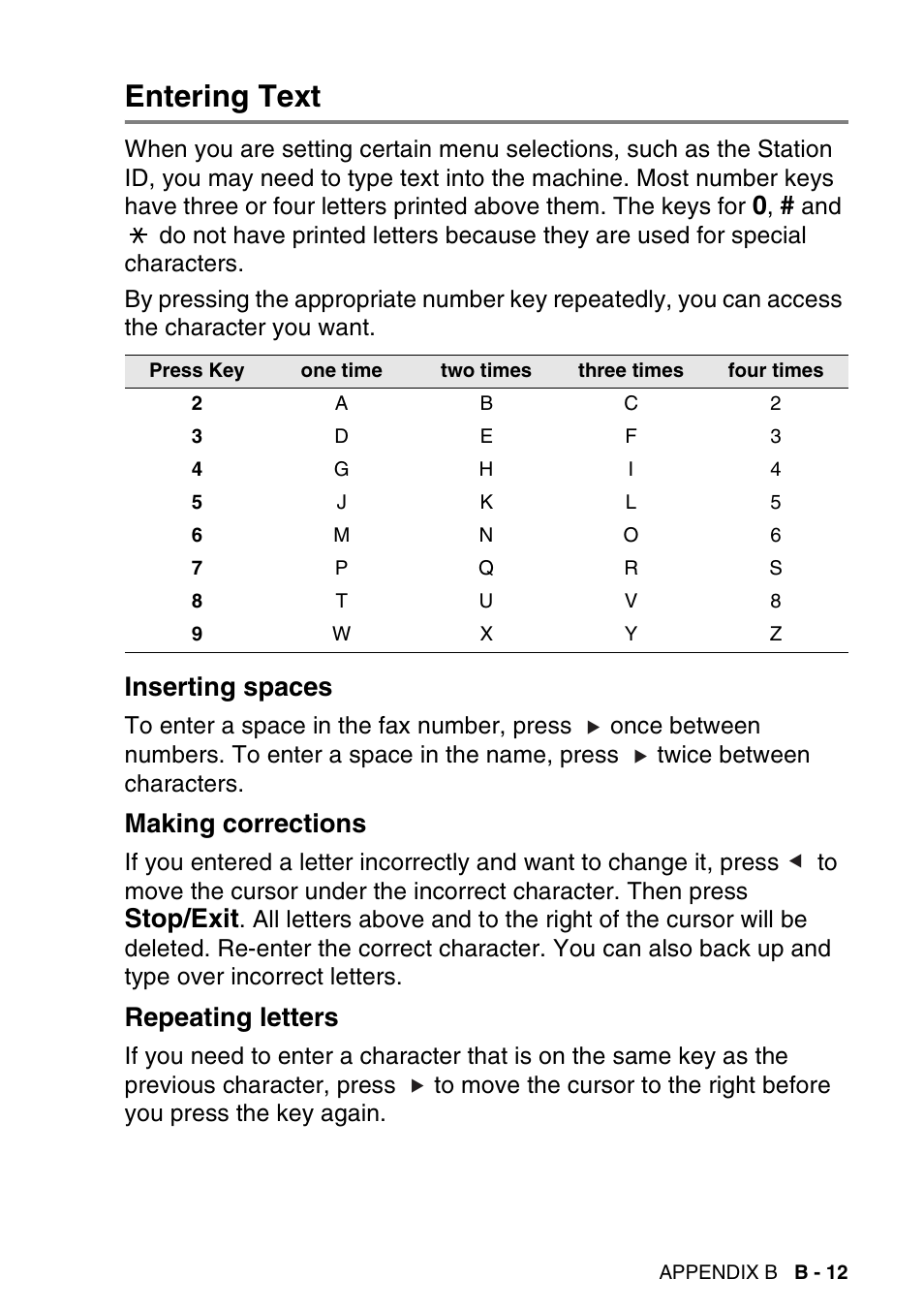 Entering text, Inserting spaces, Making corrections | Repeating letters, Stop/exit | Brother MFC-640CW User Manual | Page 199 / 225
