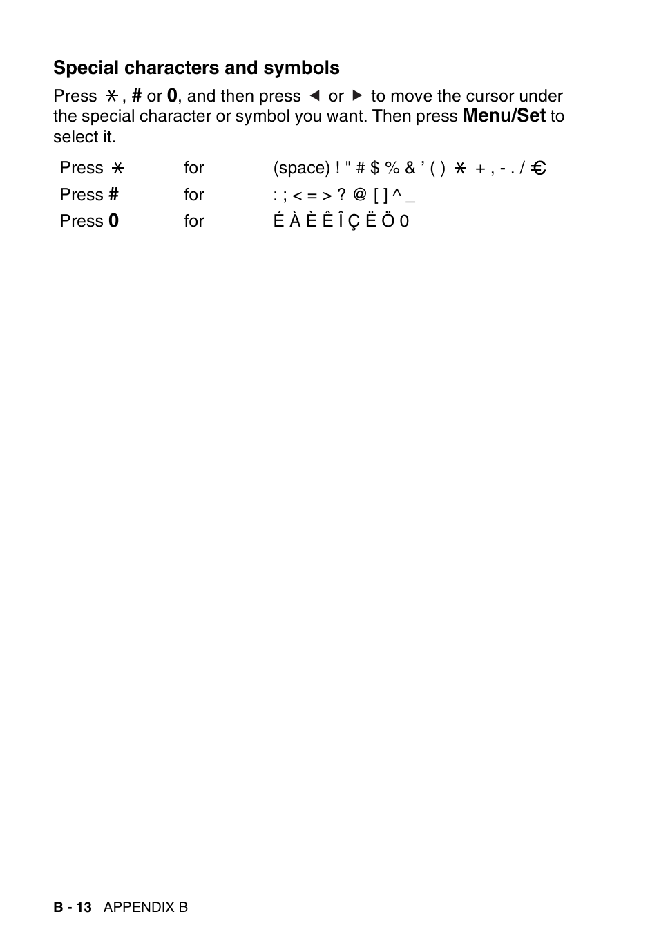 Special characters and symbols | Brother MFC-640CW User Manual | Page 200 / 225