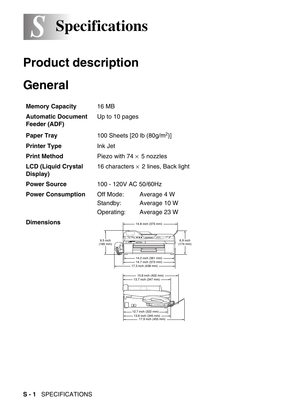 Specifications, Product description, General | Product description general | Brother MFC-640CW User Manual | Page 206 / 225