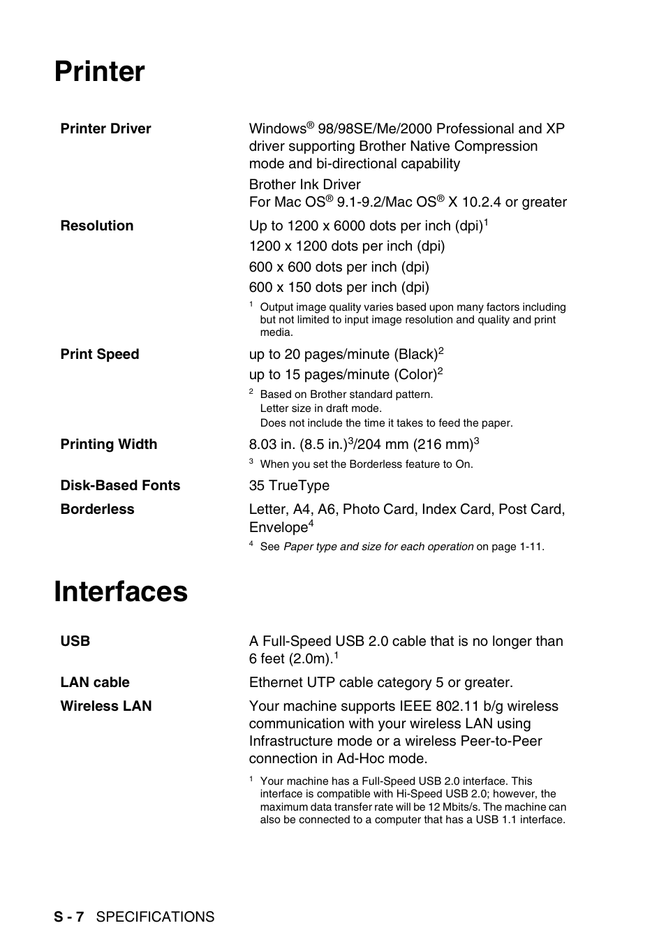 Printer, Interfaces, Printer interfaces | Brother MFC-640CW User Manual | Page 212 / 225