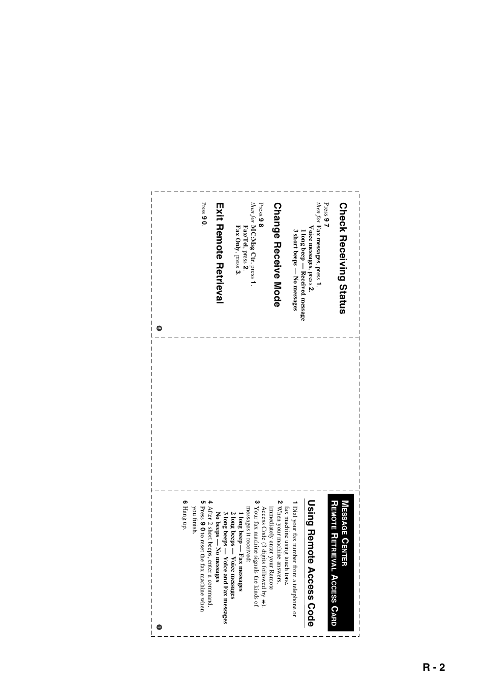 R - 2, Check receiving status, Change receive mode | Exit remote retrieval, Using remote access code | Brother MFC-640CW User Manual | Page 223 / 225