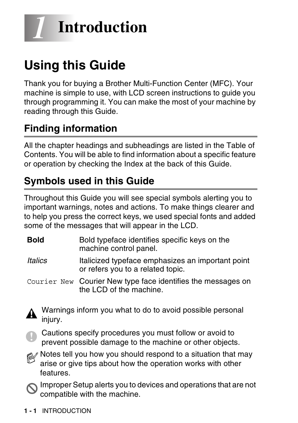 1 introduction, Using this guide, Finding information | Symbols used in this guide, Introduction -1, Using this guide -1, Introduction | Brother MFC-640CW User Manual | Page 26 / 225