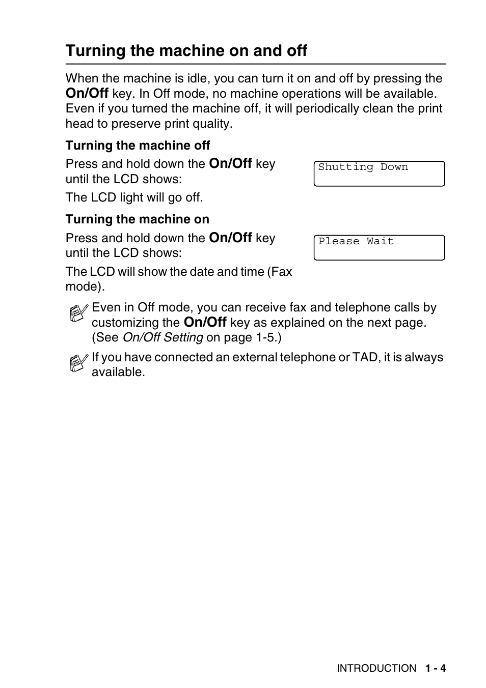 Turning the machine on and off, Turning the machine on and off -4 | Brother MFC-640CW User Manual | Page 29 / 225