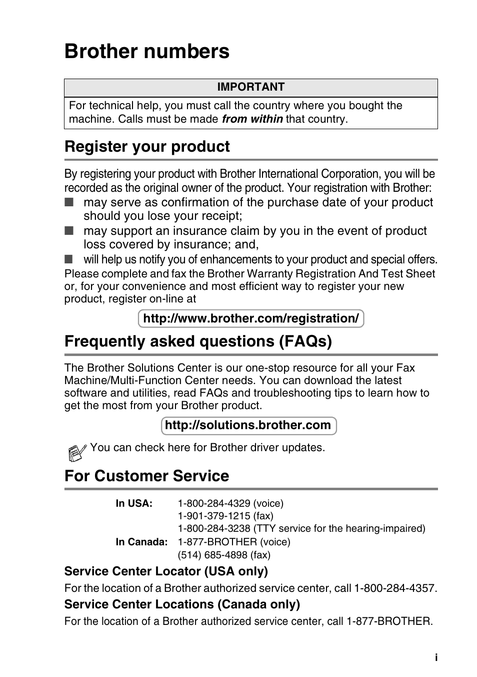 Brother numbers, Register your product, Frequently asked questions (faqs) | For customer service | Brother MFC-640CW User Manual | Page 3 / 225