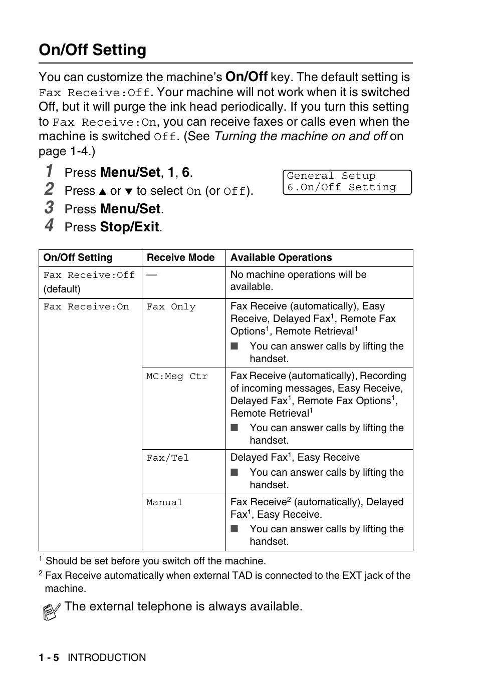 On/off setting, On/off setting -5, On/off | Menu/set, Stop/exit | Brother MFC-640CW User Manual | Page 30 / 225