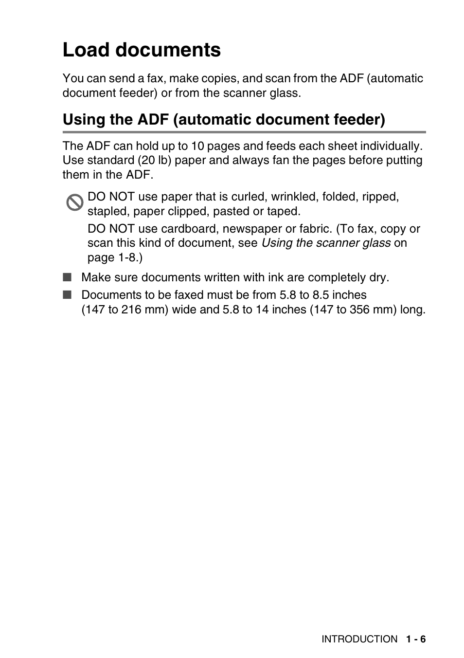 Load documents, Using the adf (automatic document feeder), Load documents -6 | Using the adf (automatic document feeder) -6 | Brother MFC-640CW User Manual | Page 31 / 225
