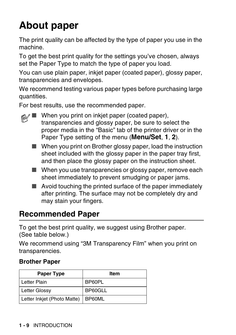 About paper, Recommended paper, About paper -9 | Recommended paper -9 | Brother MFC-640CW User Manual | Page 34 / 225