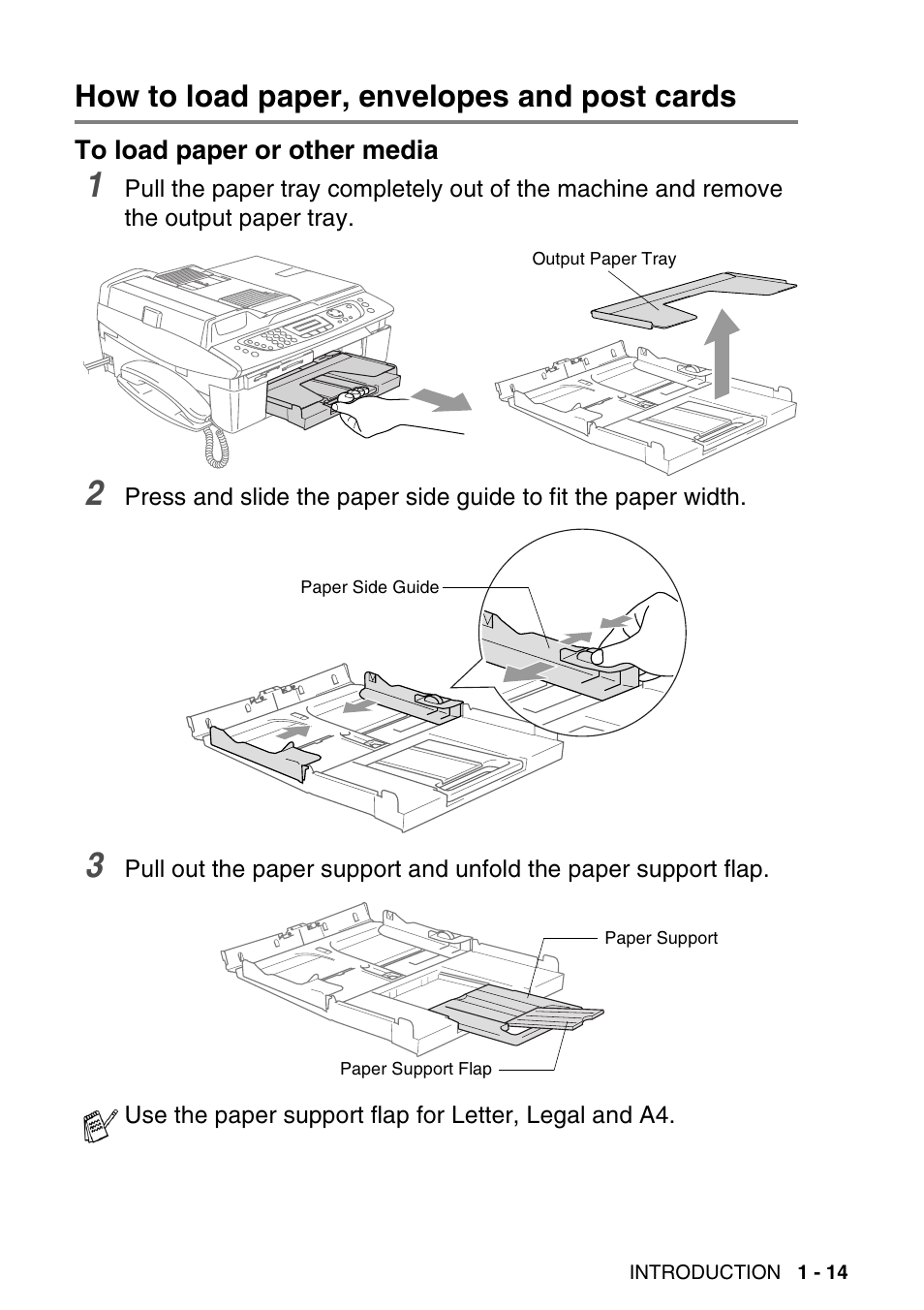 How to load paper, envelopes and post cards, To load paper or other media, How to load paper, envelopes and post cards -14 | To load paper or other media -14 | Brother MFC-640CW User Manual | Page 39 / 225