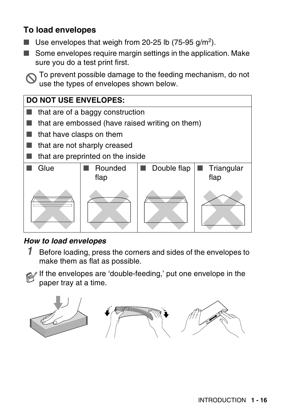 To load envelopes, To load envelopes -16 | Brother MFC-640CW User Manual | Page 41 / 225