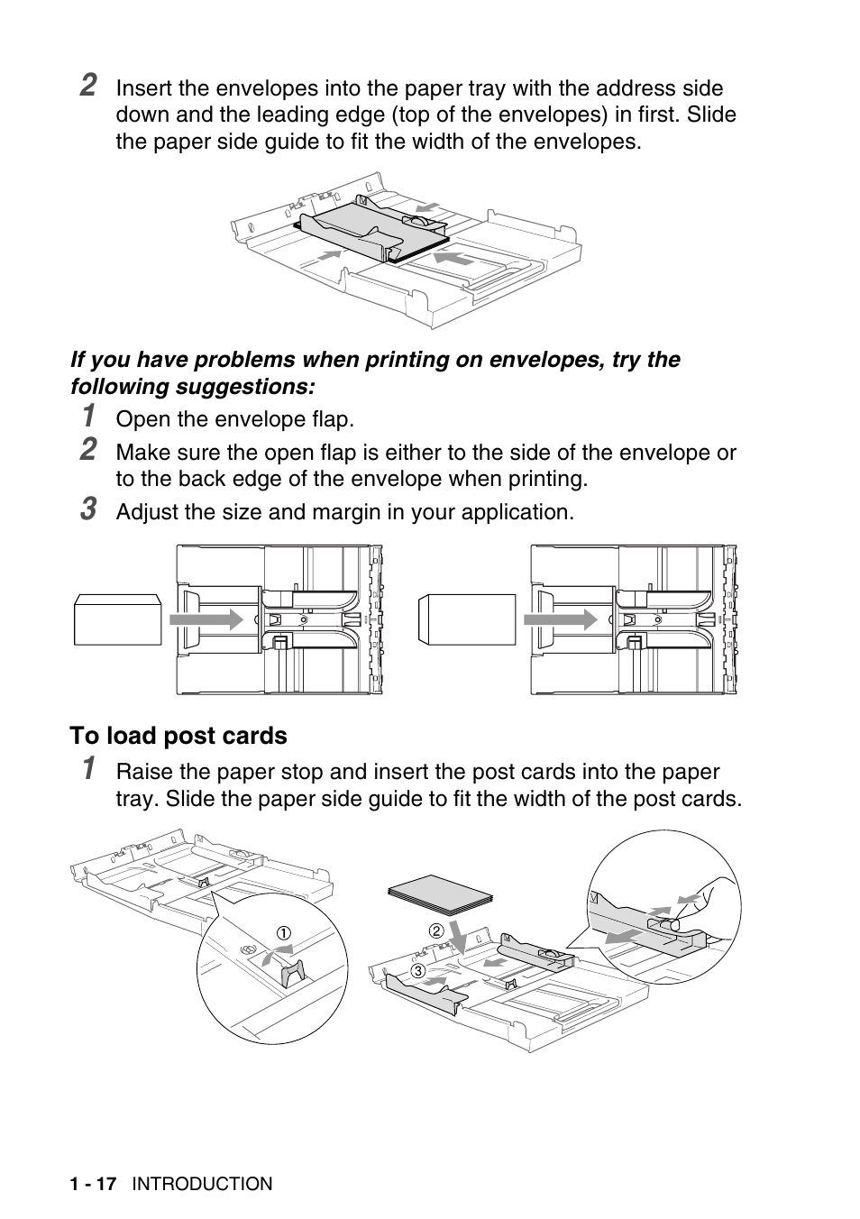 To load post cards, To load post cards -17 | Brother MFC-640CW User Manual | Page 42 / 225