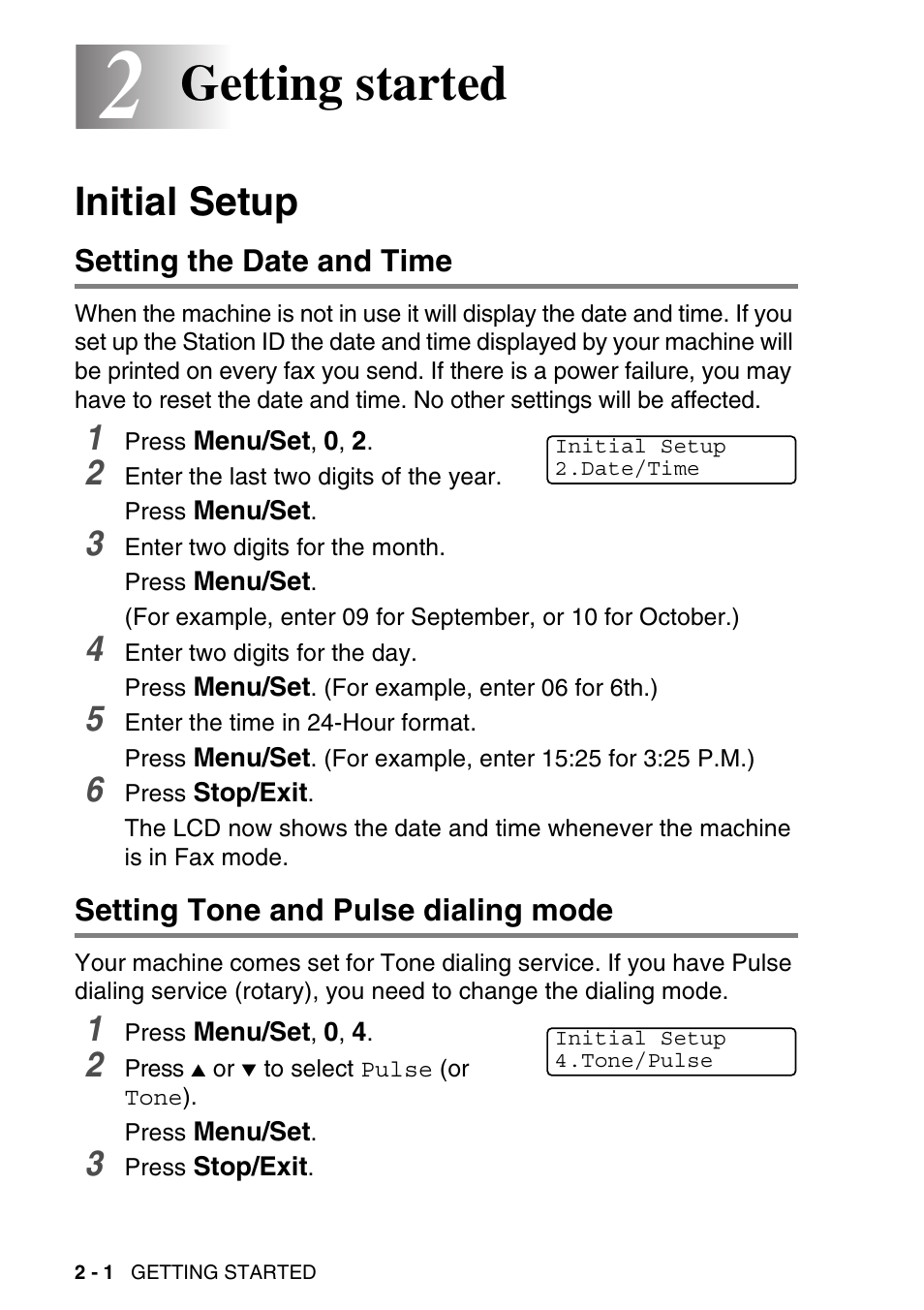 2 getting started, Initial setup, Setting the date and time | Setting tone and pulse dialing mode, Getting started -1, Initial setup -1, Getting started | Brother MFC-640CW User Manual | Page 46 / 225