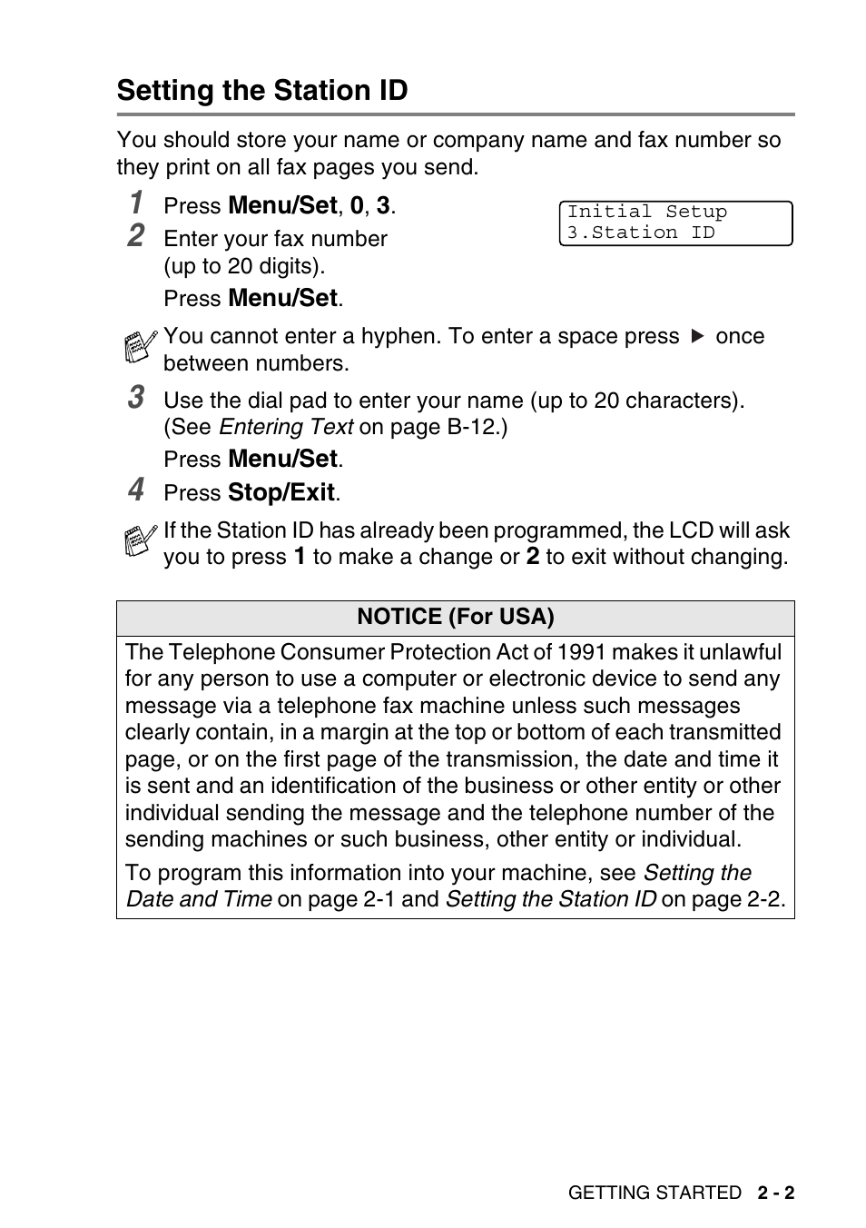 Setting the station id, Setting the station id -2 | Brother MFC-640CW User Manual | Page 47 / 225