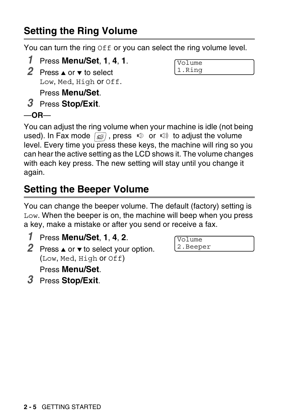 Setting the ring volume, Setting the beeper volume | Brother MFC-640CW User Manual | Page 50 / 225