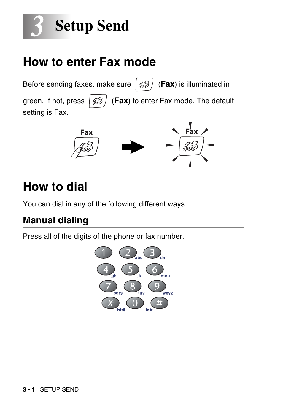 3 setup send, How to enter fax mode, How to dial | Manual dialing, Setup send -1, How to enter fax mode -1 how to dial -1, Manual dialing -1, Setup send | Brother MFC-640CW User Manual | Page 56 / 225
