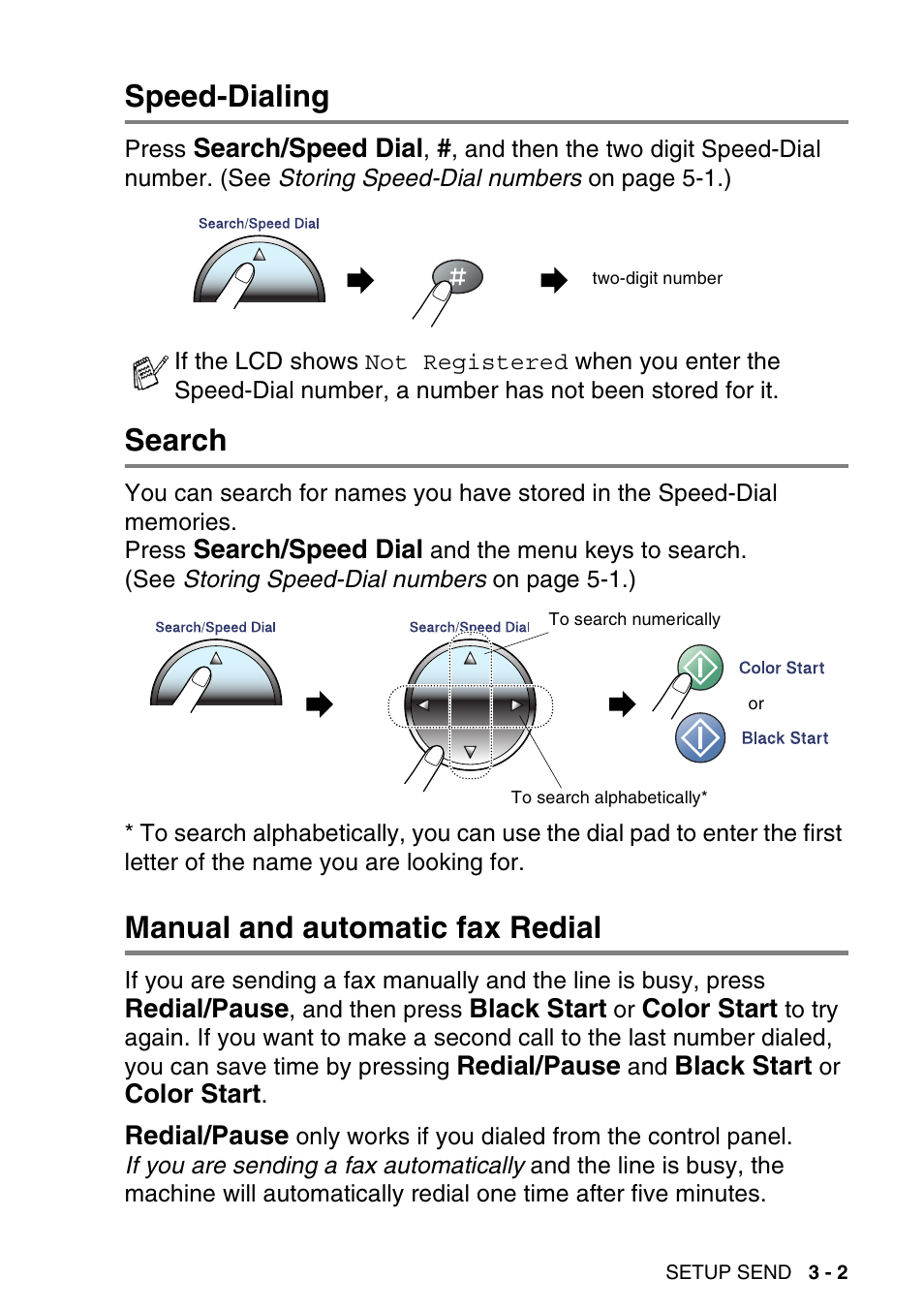 Speed-dialing, Search, Manual and automatic fax redial | Brother MFC-640CW User Manual | Page 57 / 225