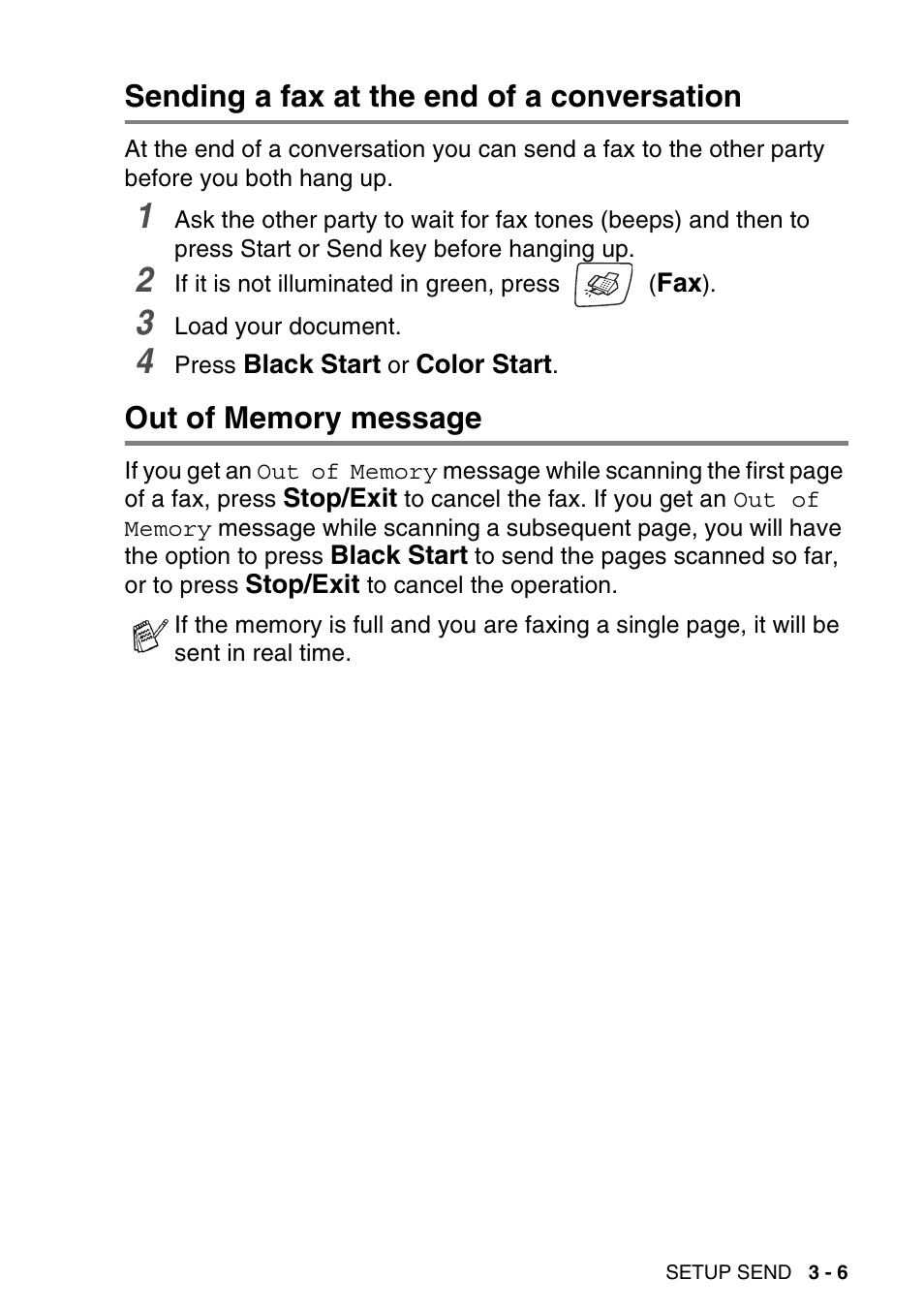 Sending a fax at the end of a conversation, Out of memory message | Brother MFC-640CW User Manual | Page 61 / 225