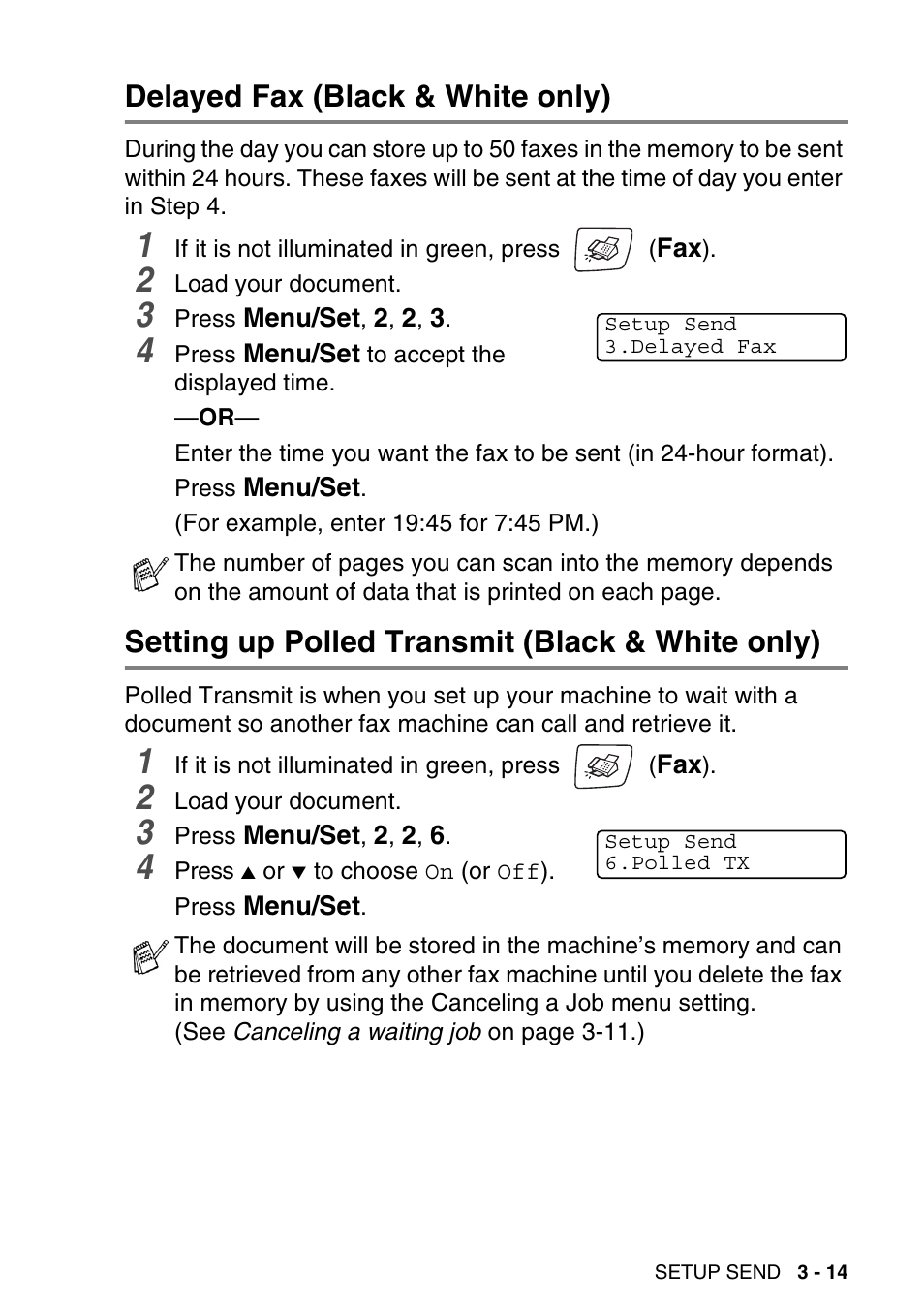 Delayed fax (black & white only), Setting up polled transmit (black & white only) | Brother MFC-640CW User Manual | Page 69 / 225