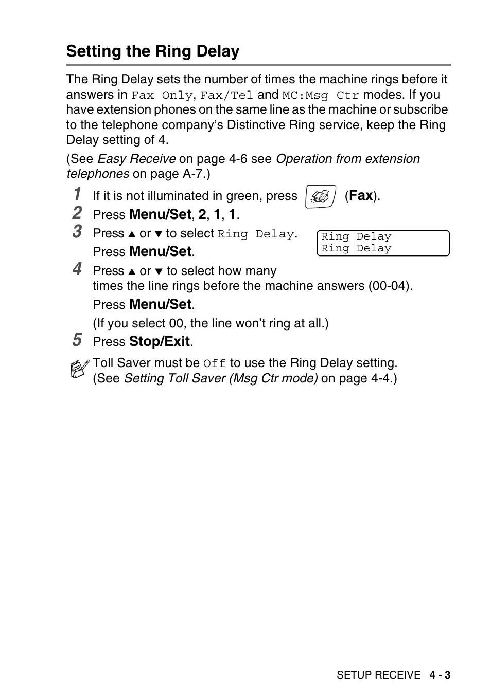 Setting the ring delay, Setting the ring delay -3 | Brother MFC-640CW User Manual | Page 73 / 225