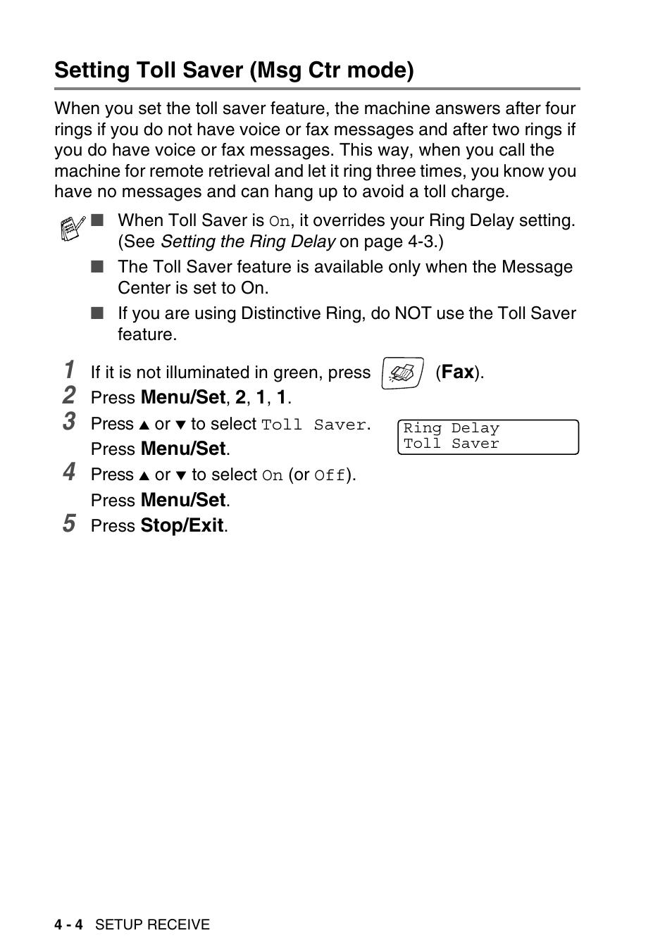 Setting toll saver (msg ctr mode), Setting toll saver (msg ctr mode) -4 | Brother MFC-640CW User Manual | Page 74 / 225