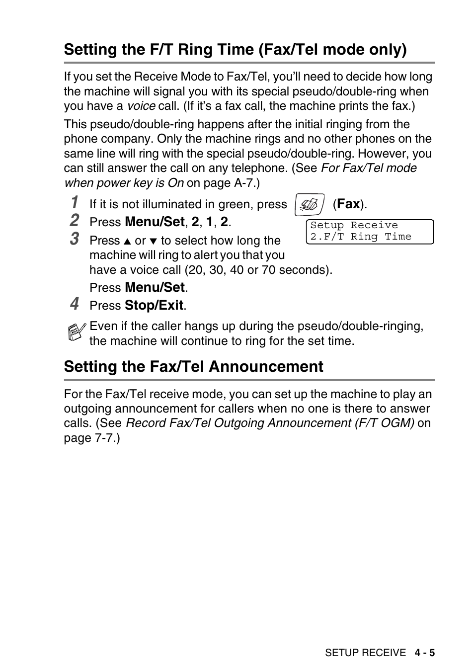 Setting the f/t ring time (fax/tel mode only), Setting the fax/tel announcement | Brother MFC-640CW User Manual | Page 75 / 225