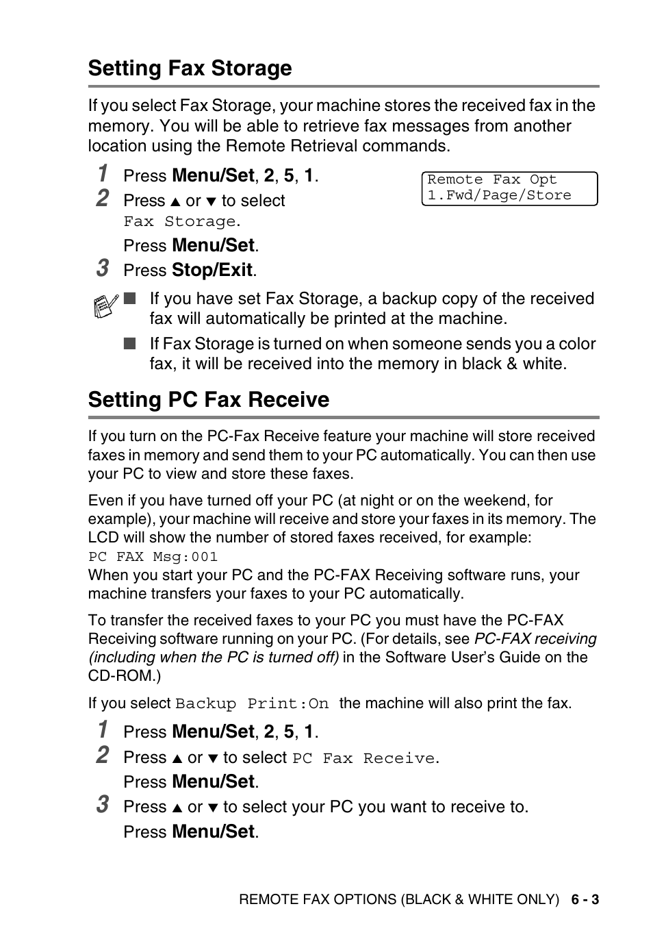 Setting fax storage, Setting pc fax receive, Setting fax storage -3 setting pc fax receive -3 | Brother MFC-640CW User Manual | Page 89 / 225