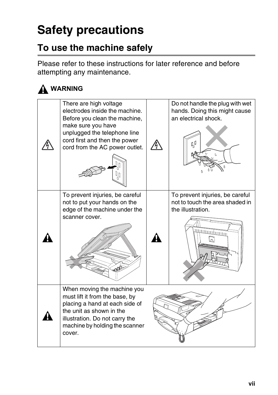 Safety precautions, To use the machine safely | Brother MFC-640CW User Manual | Page 9 / 225