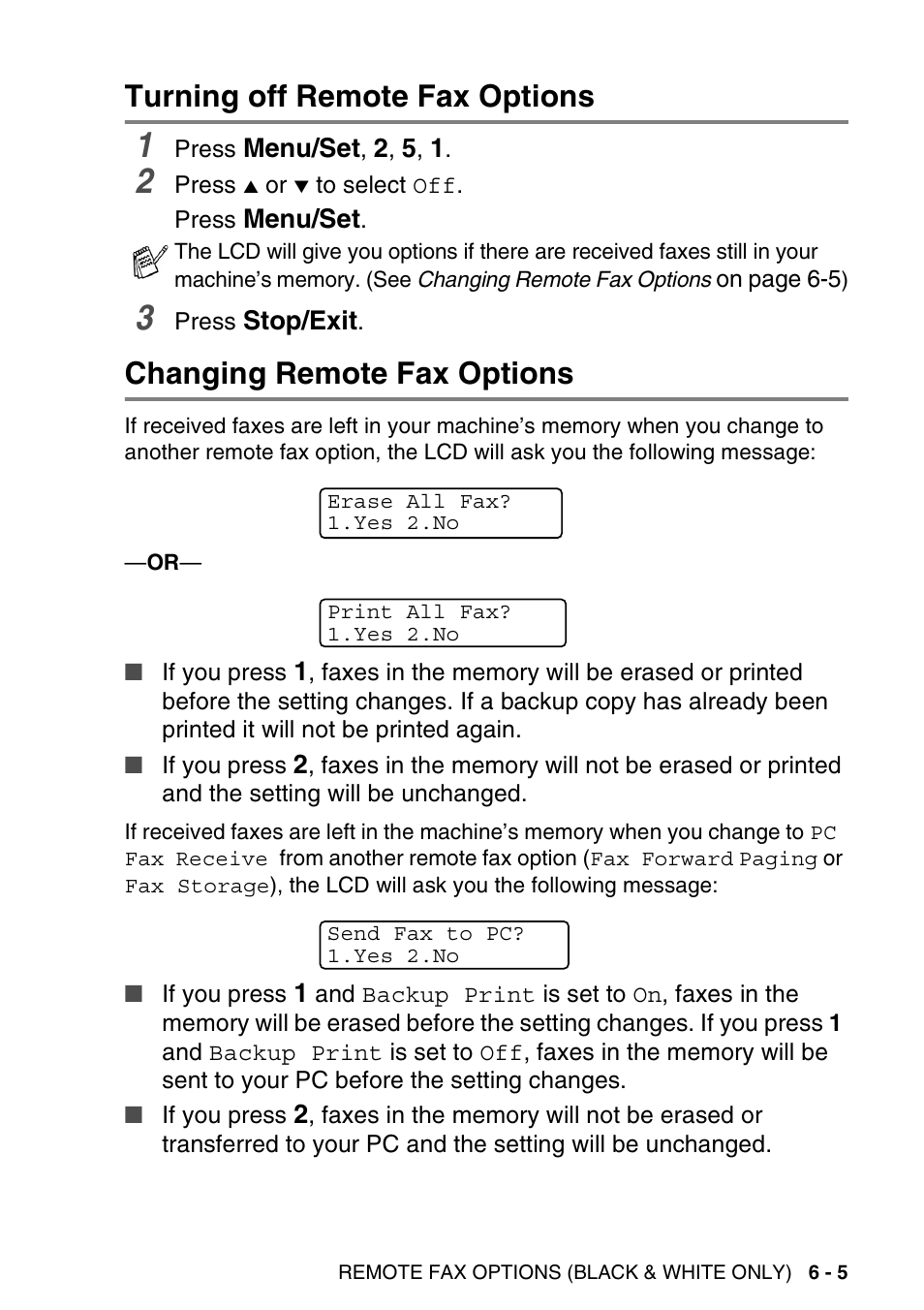 Turning off remote fax options, Changing remote fax options | Brother MFC-640CW User Manual | Page 91 / 225