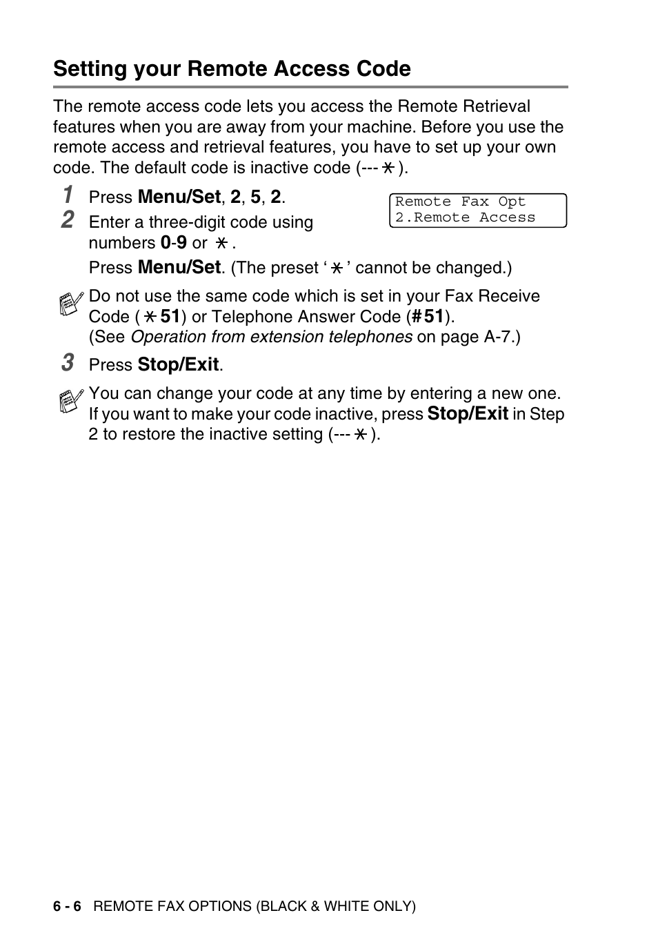 Setting your remote access code, Setting your remote access code -6 | Brother MFC-640CW User Manual | Page 92 / 225